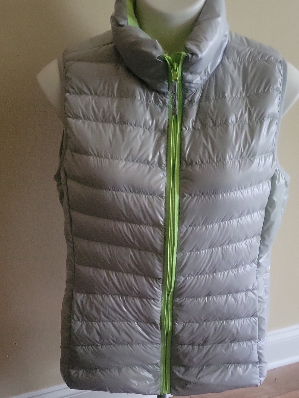 Light Gray Packable Puffer Vest with Lime Trim
